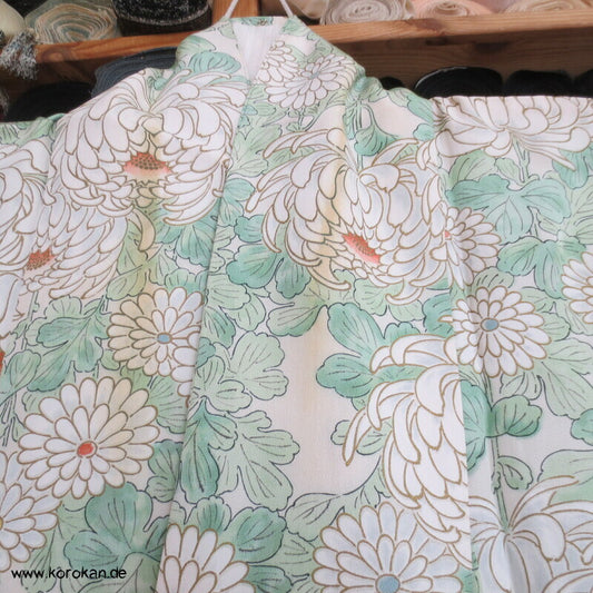 weiße Chrysanthemen Hitoe Kimono Seidencrepe