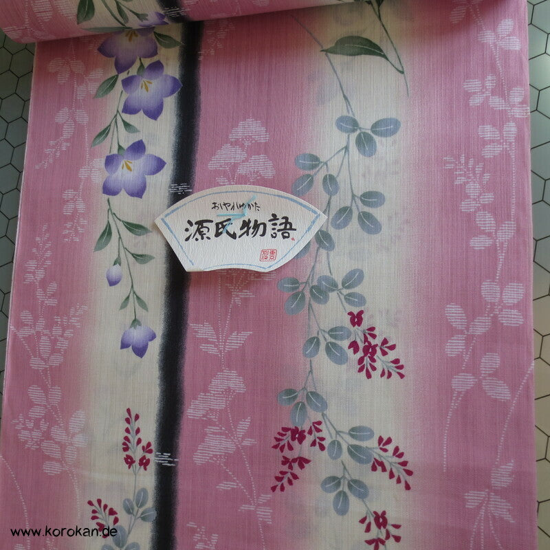 japanische Ballonblumen auf rosa Yukata Kimono Hanf / Baumwolle