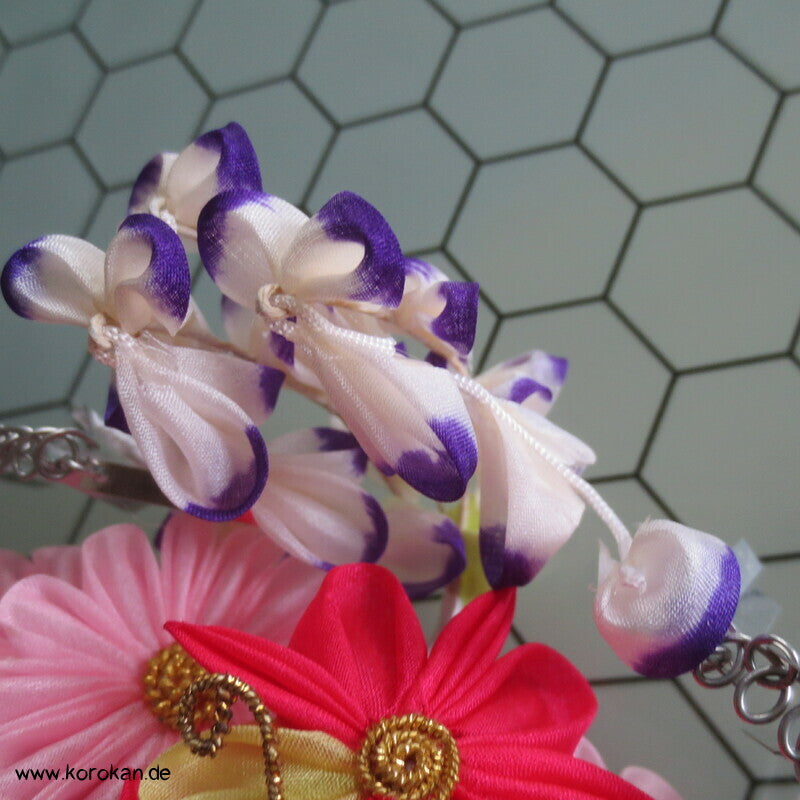 japanische Kanzashi Haarnadel Blüten mit Schmetterling und Hänge Birra Birra