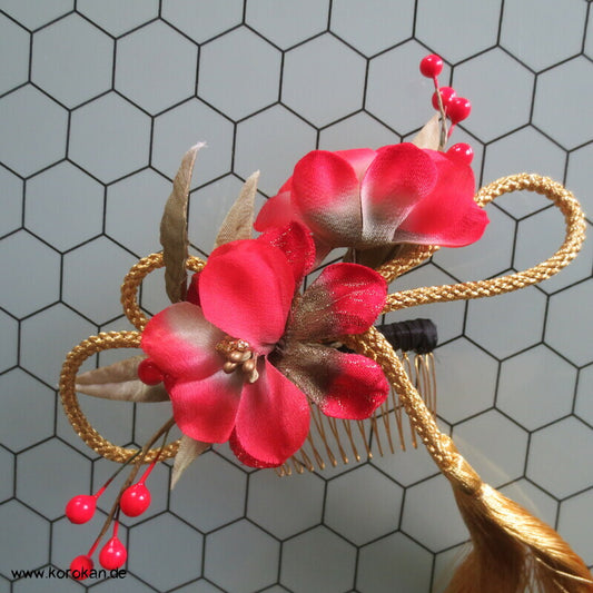 Kanzashi Haarkamm - Fascinator,  Blüten Kordel