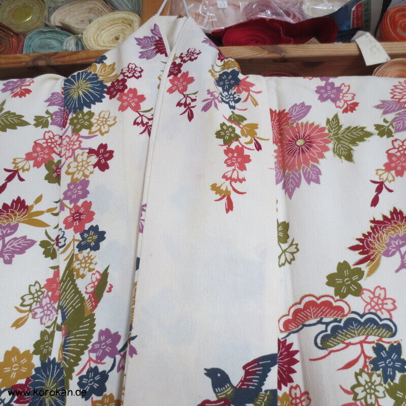 Homongi Kimono Seidencrepe Bingata Blumen und Vögel
