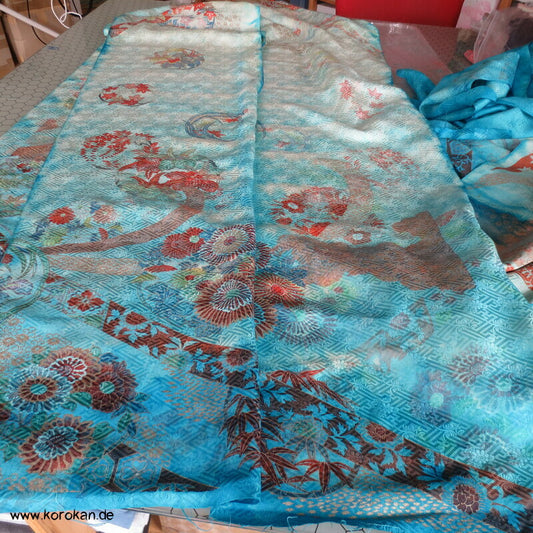 Sayagata Rinzu Damast Seide, Stickerei, Furisode Araihari Stoffstücke, überfärbt