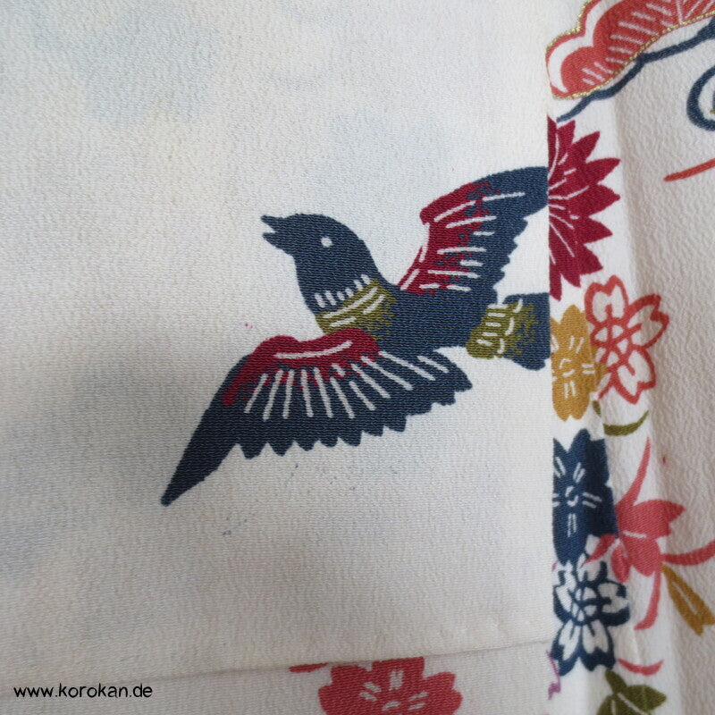 Homongi Kimono Seidencrepe Bingata Blumen und Vögel