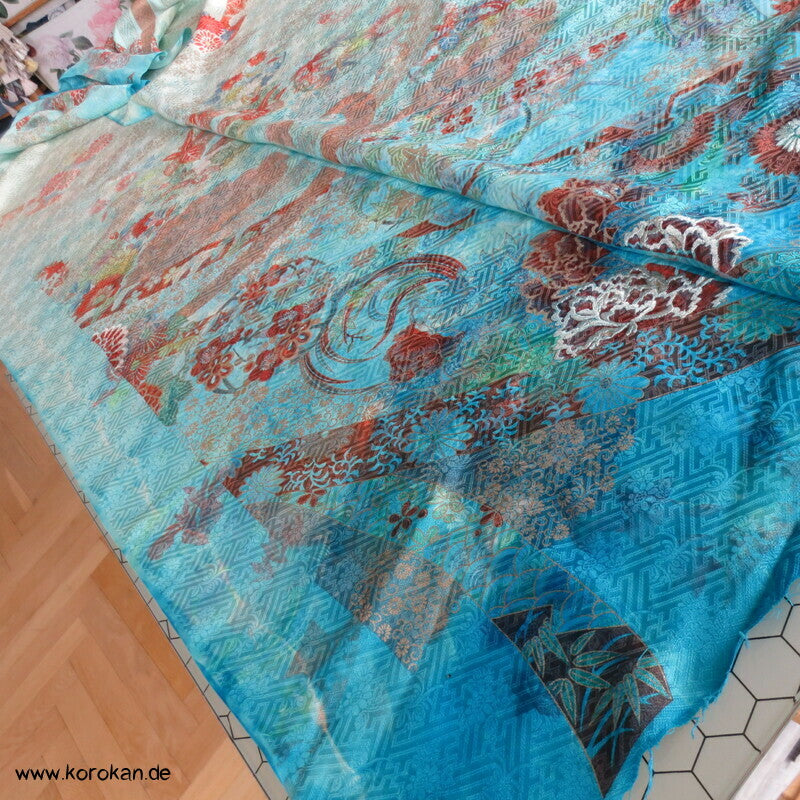 Sayagata Rinzu Damast Seide, Stickerei, Furisode Araihari Stoffstücke, überfärbt