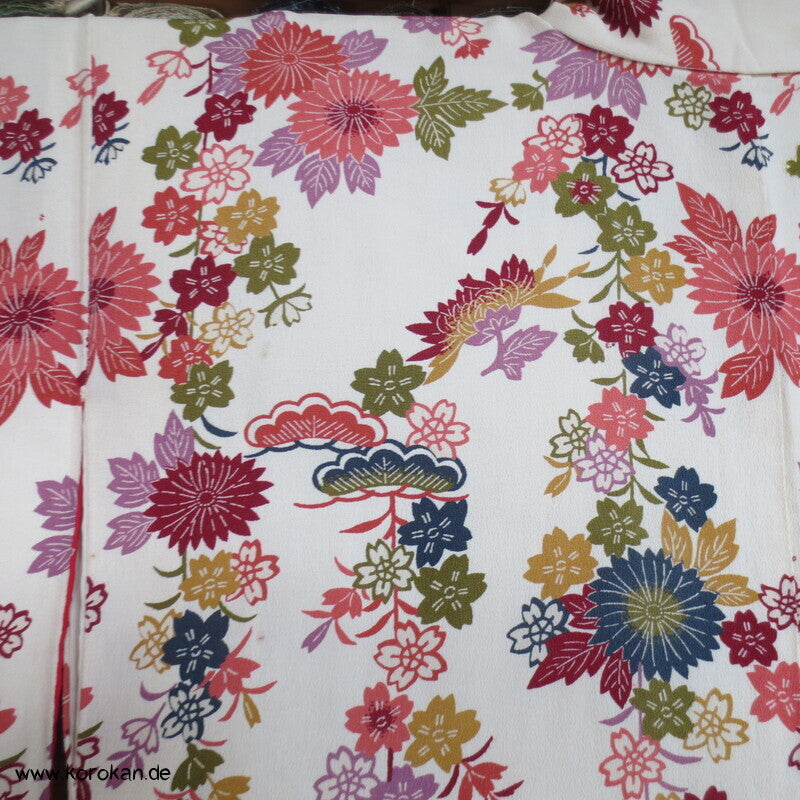 Homongi Kimono Seidencrepe Bingata Blumen und Vögel