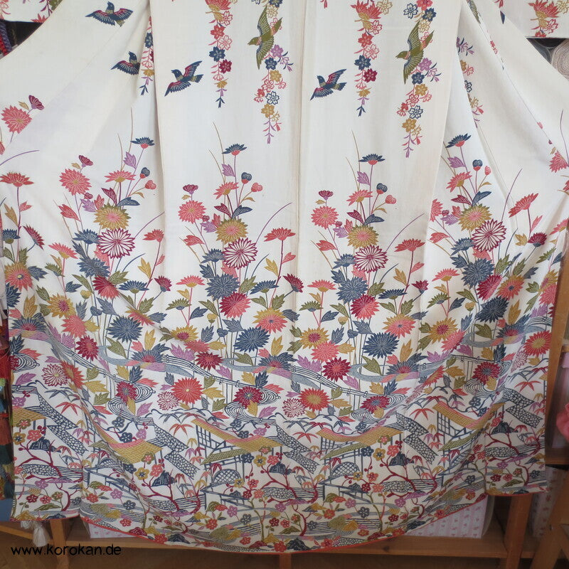 Homongi Kimono Seidencrepe Bingata Blumen und Vögel