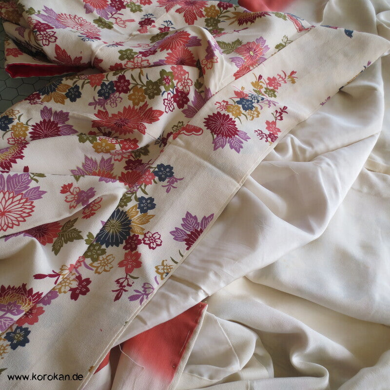 Homongi Kimono Seidencrepe Bingata Blumen und Vögel