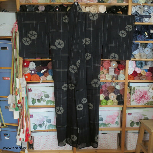 gewebte Ackerwinden auf schwarz Crepe Chiffon Seide Hitoe Kimono