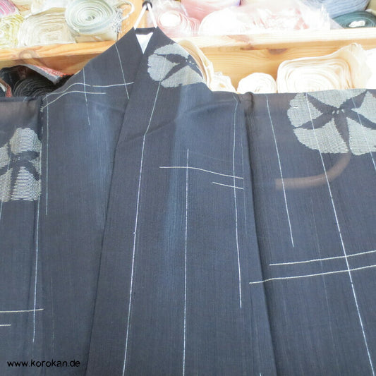 gewebte Ackerwinden auf schwarz Crepe Chiffon Seide Hitoe Kimono