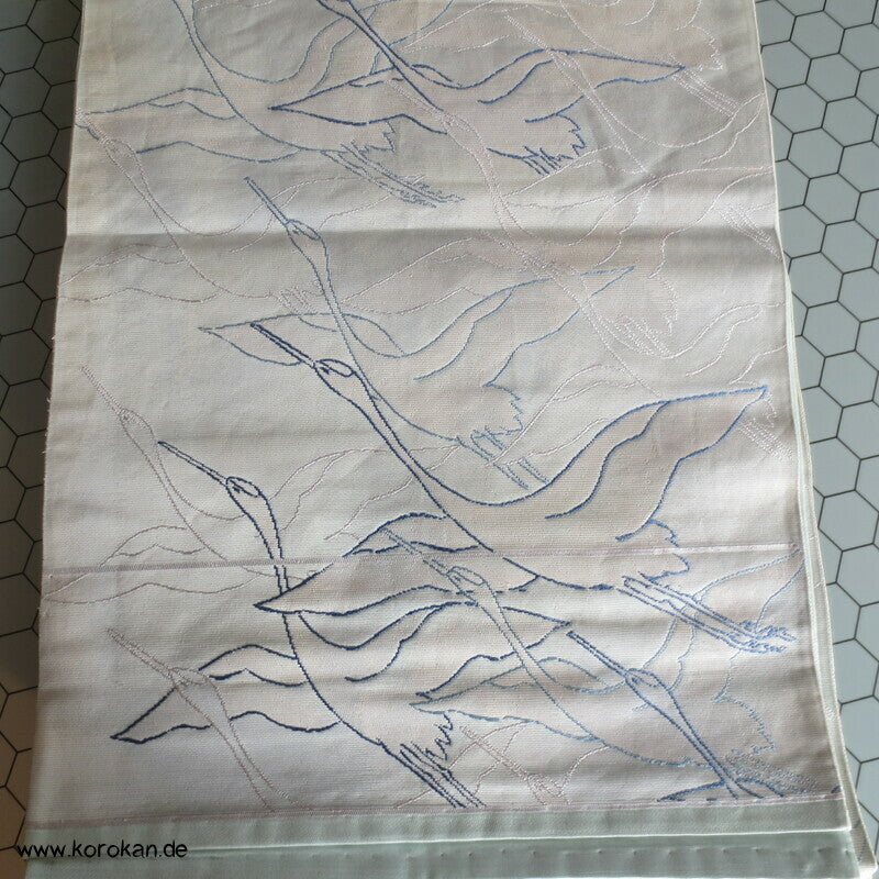 Kraniche blau silber gewebt Fukuro Obi Seidenbrokat Kimonogürtel