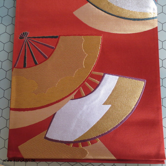Fächer persimmon gold Fukuro Obi Seidenbrokat Kimonogürtel