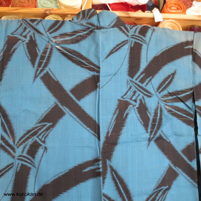 schwarzer Bambus in petrol blau Sha Seiden Hitoe Kimono, Chu Furisode