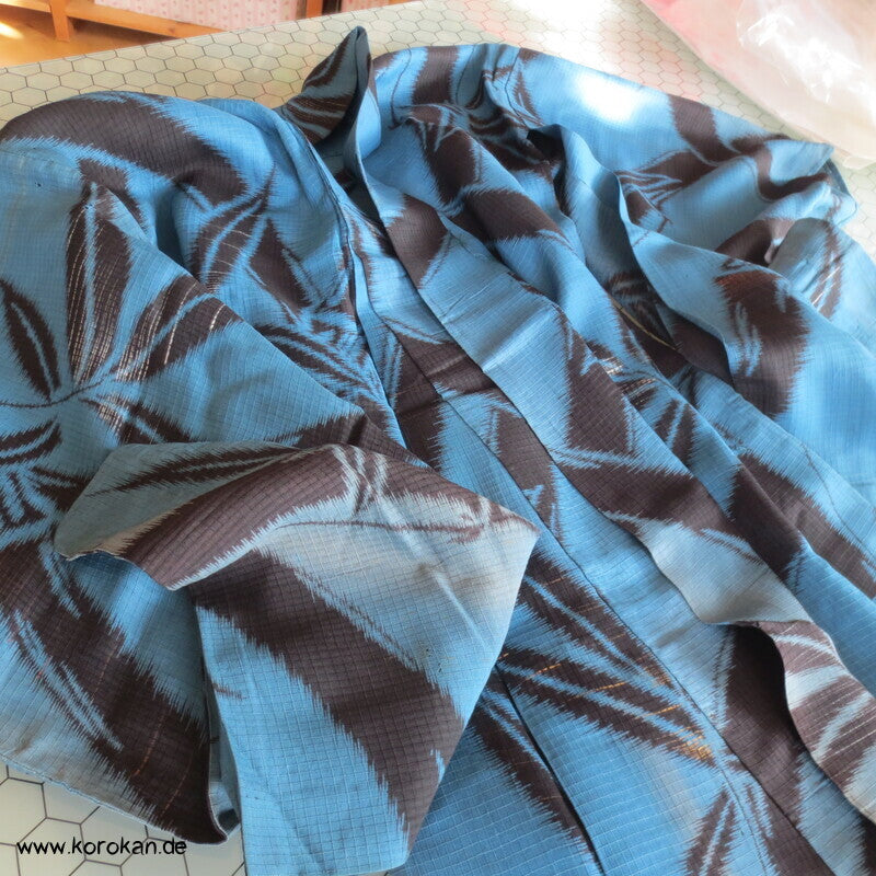 schwarzer Bambus in petrol blau Sha Seiden Hitoe Kimono, Chu Furisode