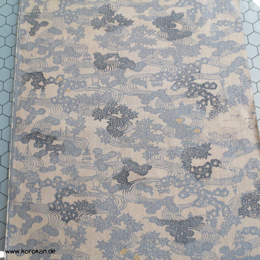 Flußlandschaft grau - beige Seide/ Wolle Kimono Stoff
