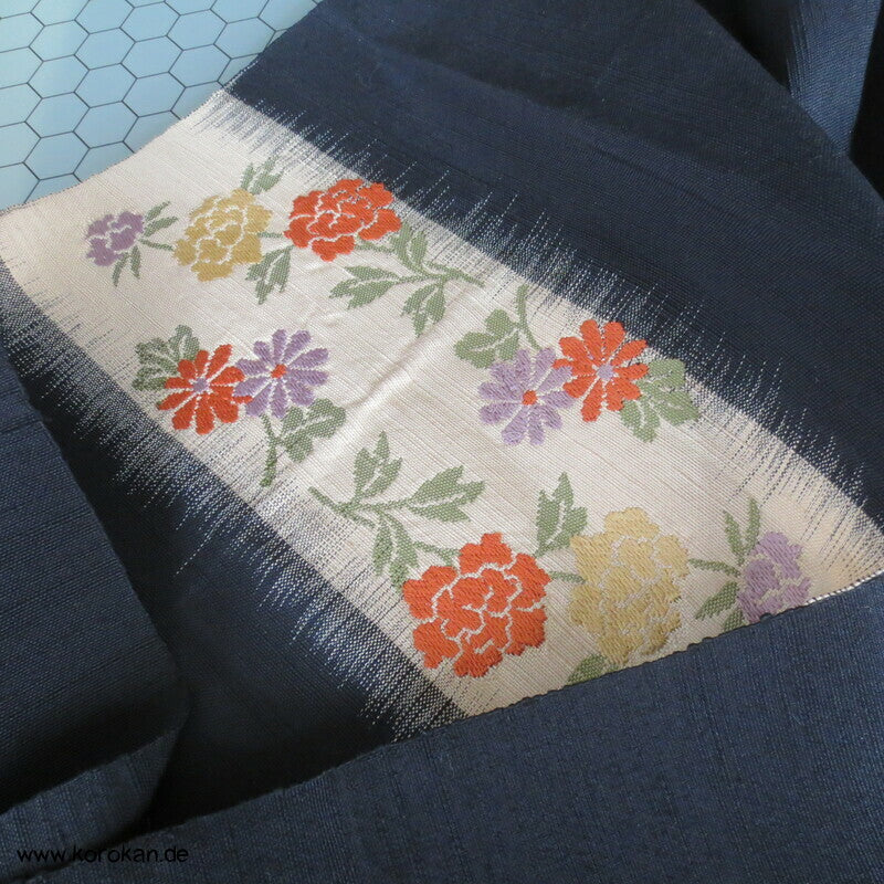 Blumenband Nagoya Obi - schwarze Tsumugi Seide