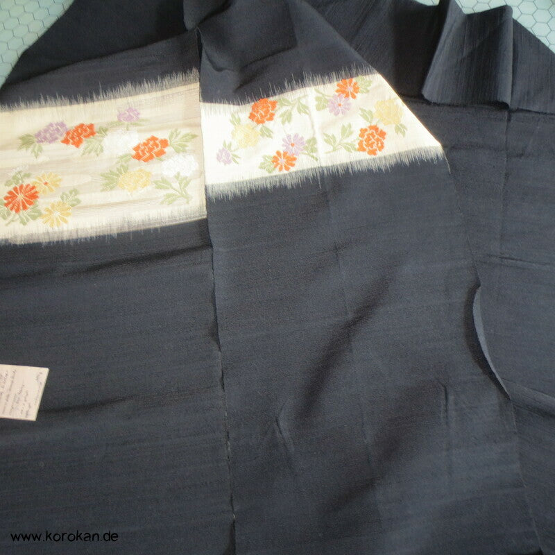 Blumenband Nagoya Obi - schwarze Tsumugi Seide