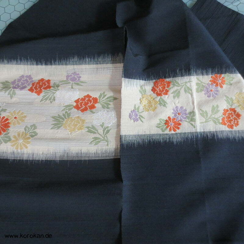 Blumenband Nagoya Obi - schwarze Tsumugi Seide