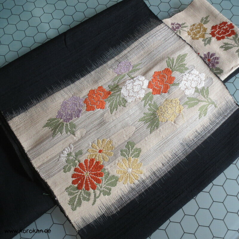 Blumenband Nagoya Obi - schwarze Tsumugi Seide