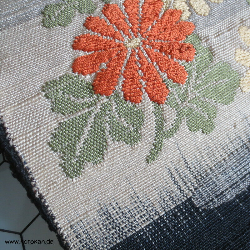 Blumenband Nagoya Obi - schwarze Tsumugi Seide