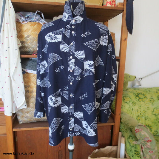 Herrenhemd aus Yukata Kimono Baumwolle mit Fächern, Gr. L