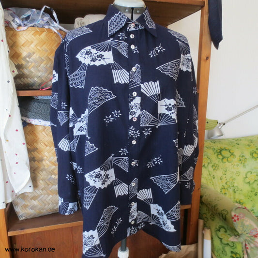 Herrenhemd aus Yukata Kimono Baumwolle mit Fächern, Gr. L