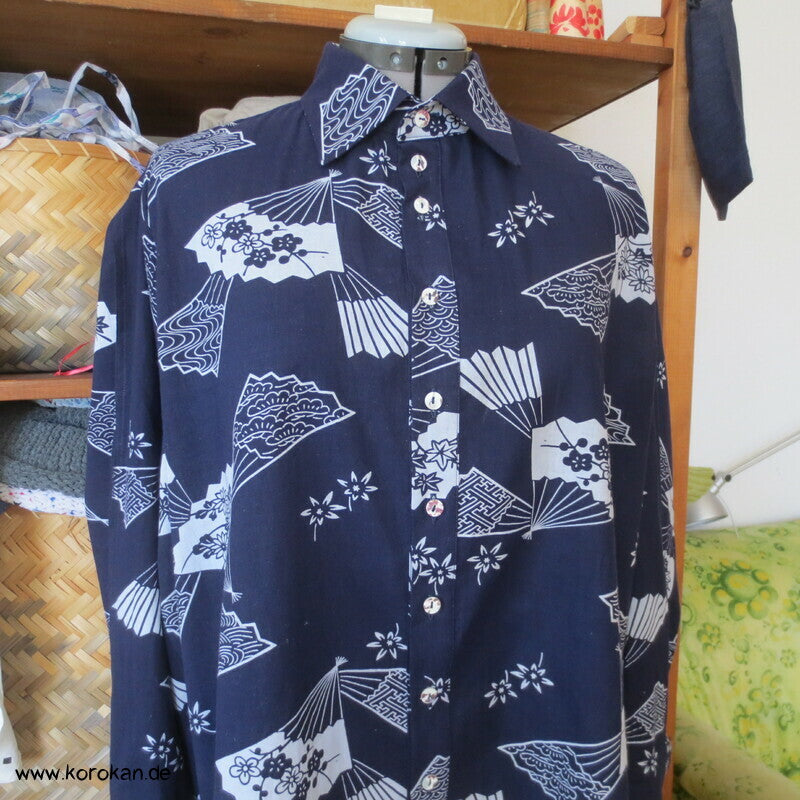 Herrenhemd aus Yukata Kimono Baumwolle mit Fächern, Gr. L
