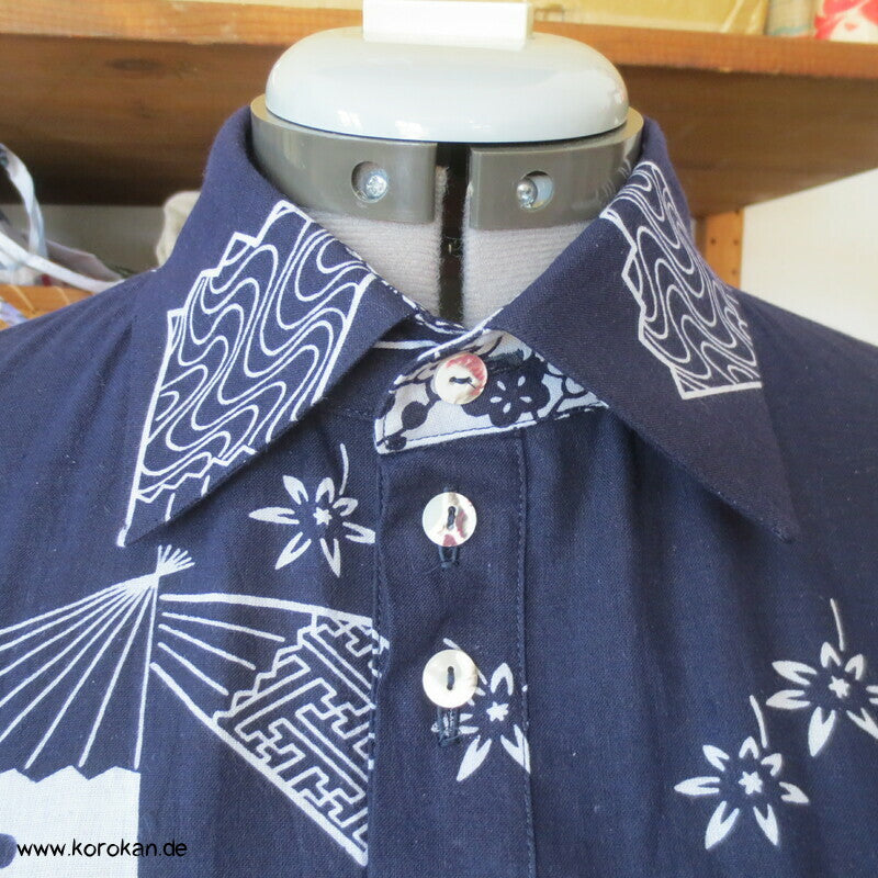 Herrenhemd aus Yukata Kimono Baumwolle mit Fächern, Gr. L