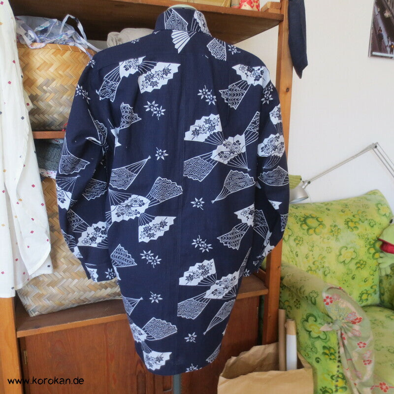 Herrenhemd aus Yukata Kimono Baumwolle mit Fächern, Gr. L