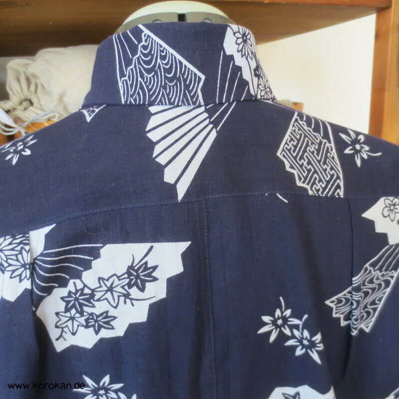 Herrenhemd aus Yukata Kimono Baumwolle mit Fächern, Gr. L