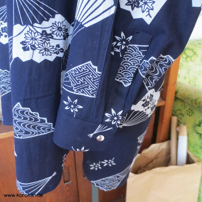 Herrenhemd aus Yukata Kimono Baumwolle mit Fächern, Gr. L