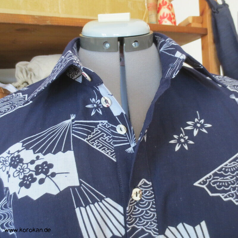 Herrenhemd aus Yukata Kimono Baumwolle mit Fächern, Gr. L