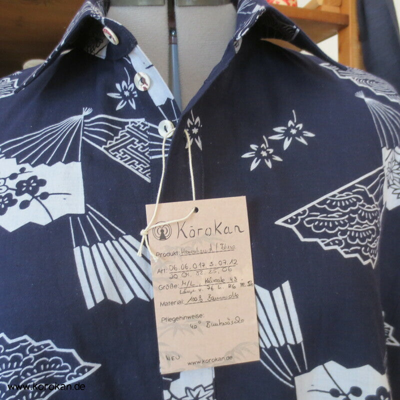 Herrenhemd aus Yukata Kimono Baumwolle mit Fächern, Gr. L