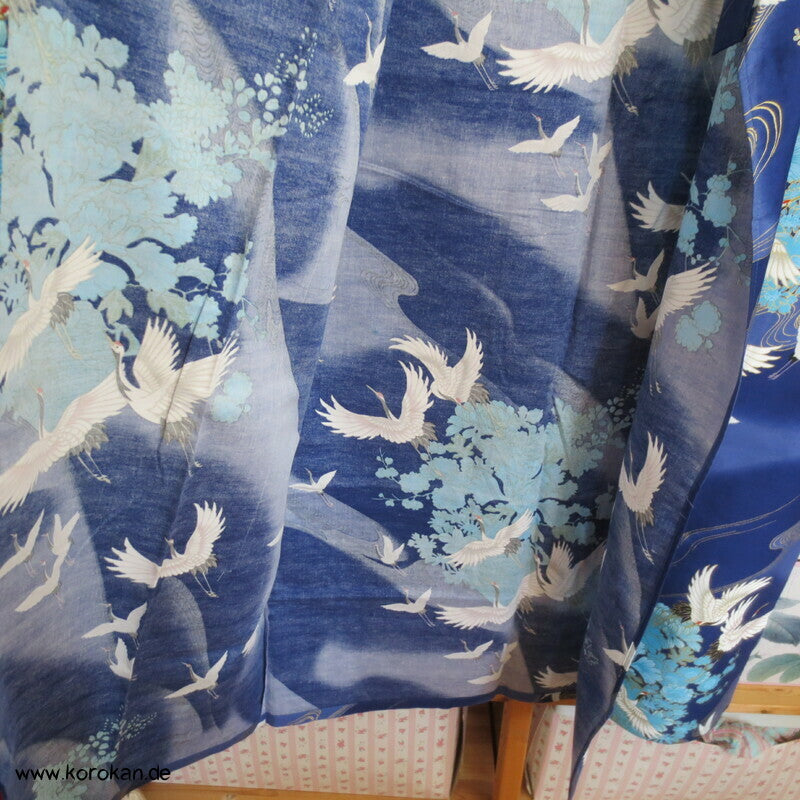Moderner Japan Kimono Yukata mit Kranichen - Morgenmantel mit Gürtel