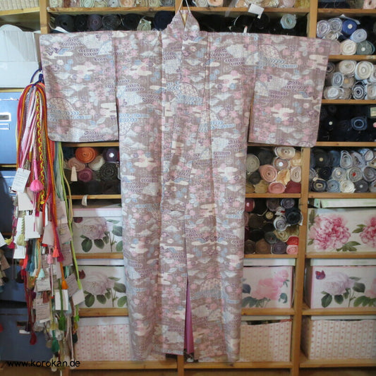 taupe rosa hellblau Egasumi Druck Kasuri Tsumugi Kimono
