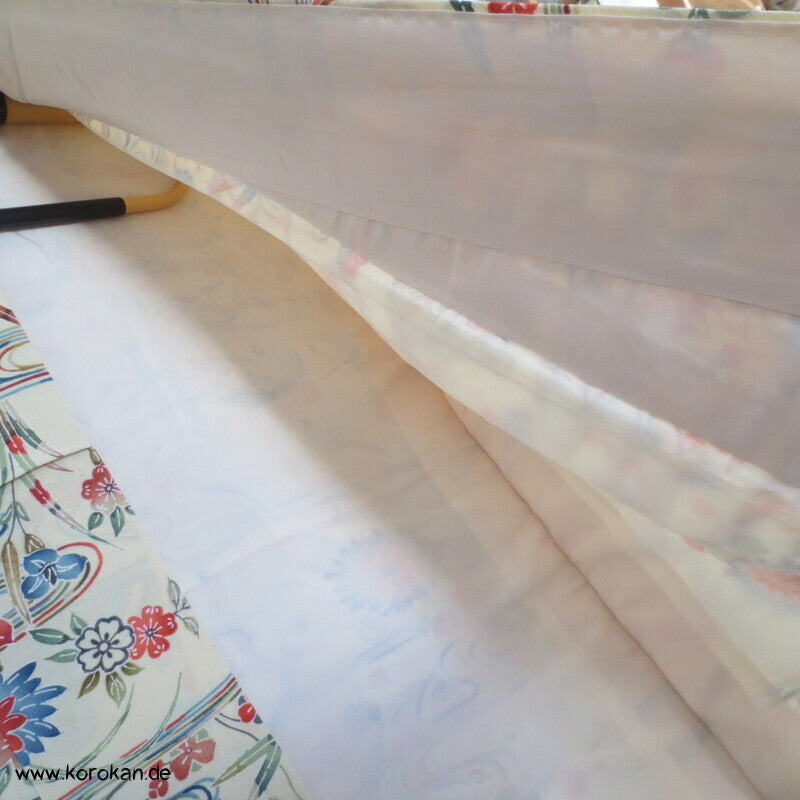 Bingata Druck Wellen, Iris, Blüten, Schmetterlinge Seidencrepe Komon Kimono