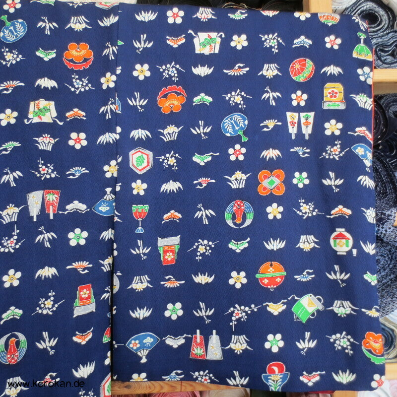 Schätze / Symbole auf blau Komon Kimono Seidencrepe