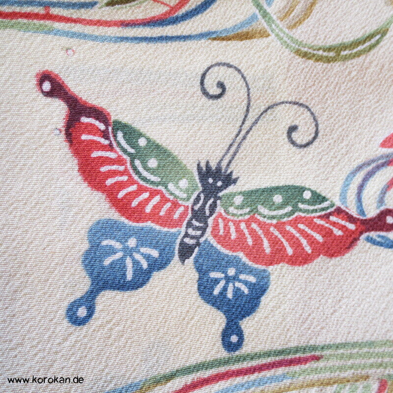 Bingata Druck Wellen, Iris, Blüten, Schmetterlinge Seidencrepe Komon Kimono