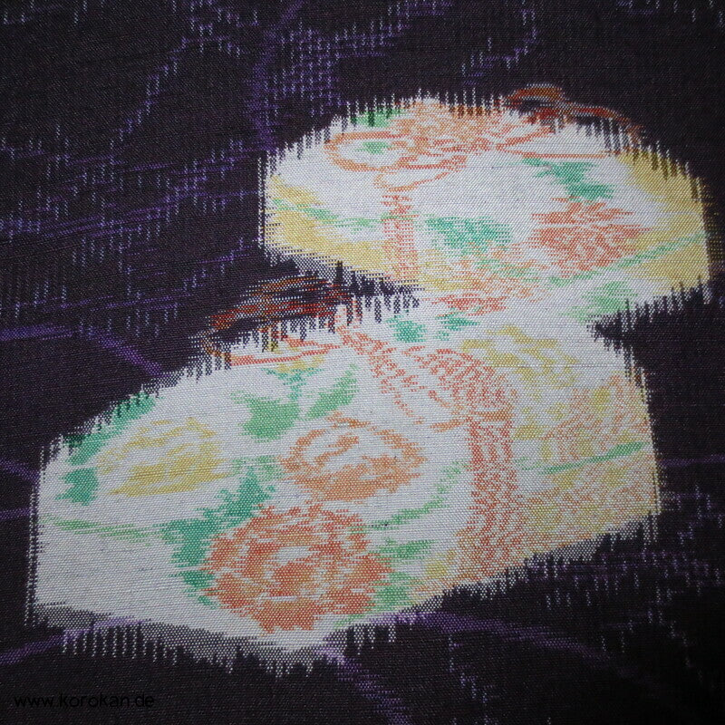 Bento Box Kasuri auf lila Tsumugi Kimono Seide