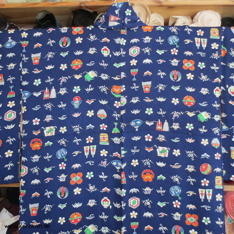 Schätze / Symbole auf blau Komon Kimono Seidencrepe