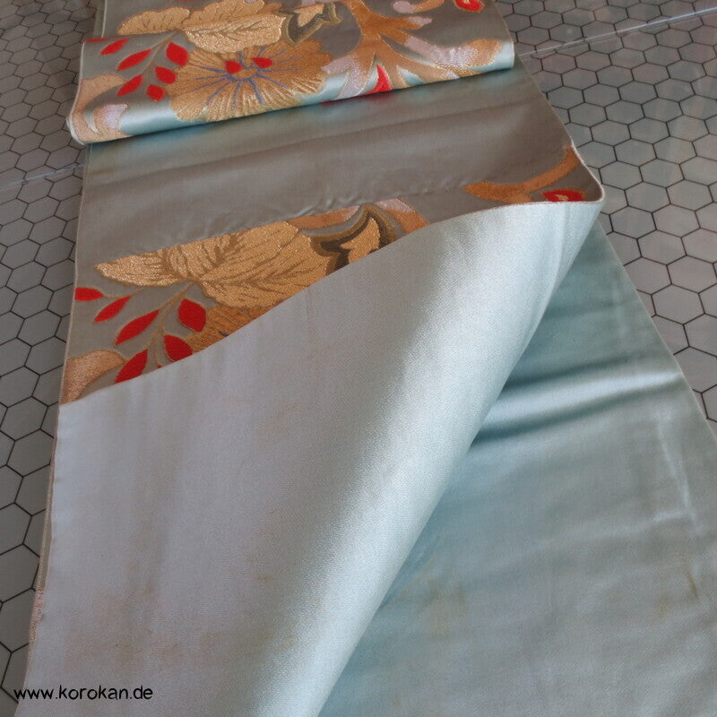 Fukuro Obi Kimonogürtel Seidenbrokat Blüten in blassjadeblau