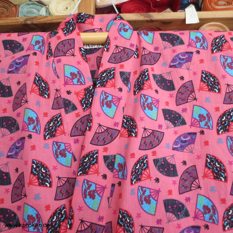 Juban / Yukata Baumwoll Kimono, Fächer auf pink, NEU