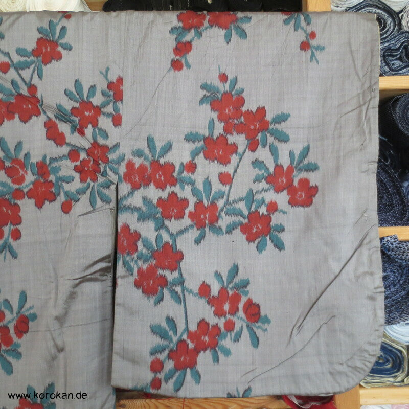 Japan Art Deco Ume Zweige auf blaugrau Meisen Seiden Kimono, nur Material