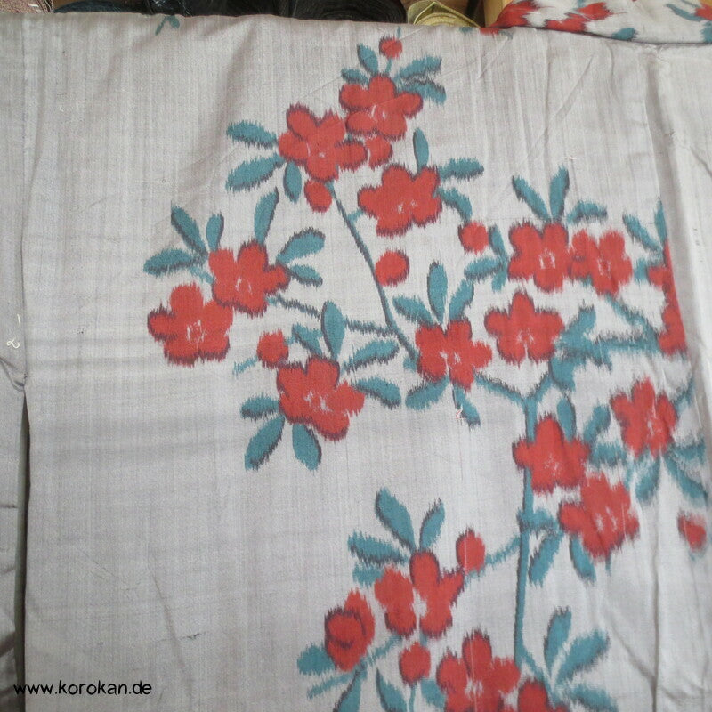 Japan Art Deco Ume Zweige auf blaugrau Meisen Seiden Kimono, nur Material