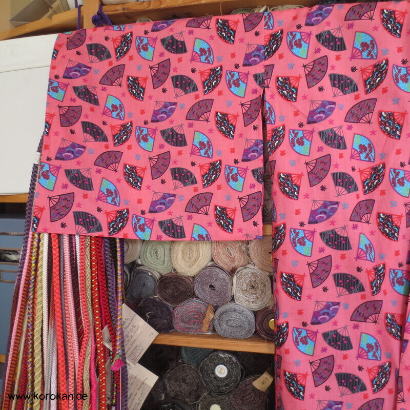 Juban / Yukata Baumwoll Kimono, Fächer auf pink, NEU