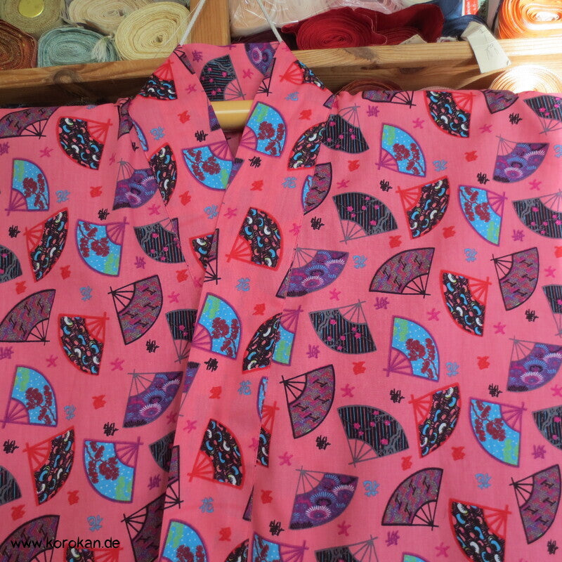 Juban / Yukata Baumwoll Kimono, Fächer auf pink, NEU