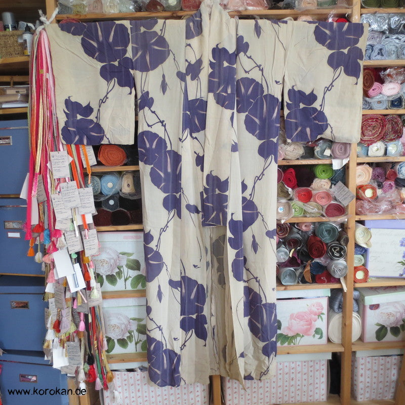 Prachtwinden Hitoe Komon Kimono aus halbtransparenter Sha Seide