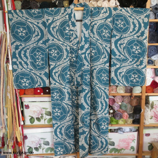 antiker japanischer Genji Guruma, Wellen Rho Seide Hitoe Komon Kimono