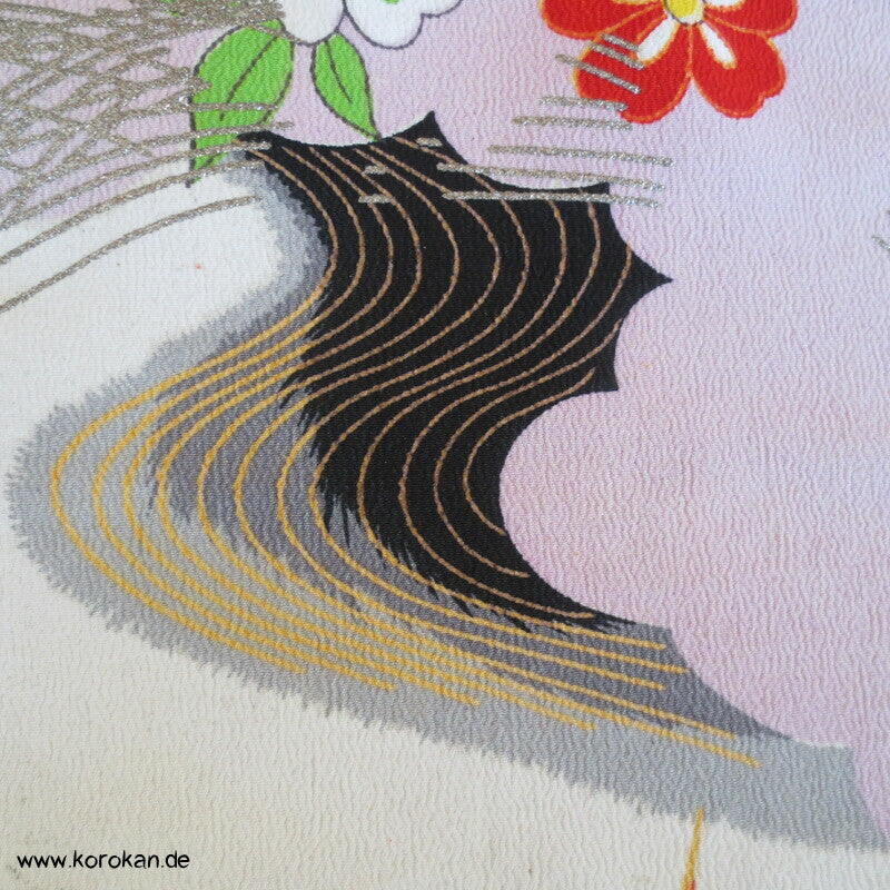 bunte Blüten mit Silberdruck Rayon Kimono Chirimen Crepe