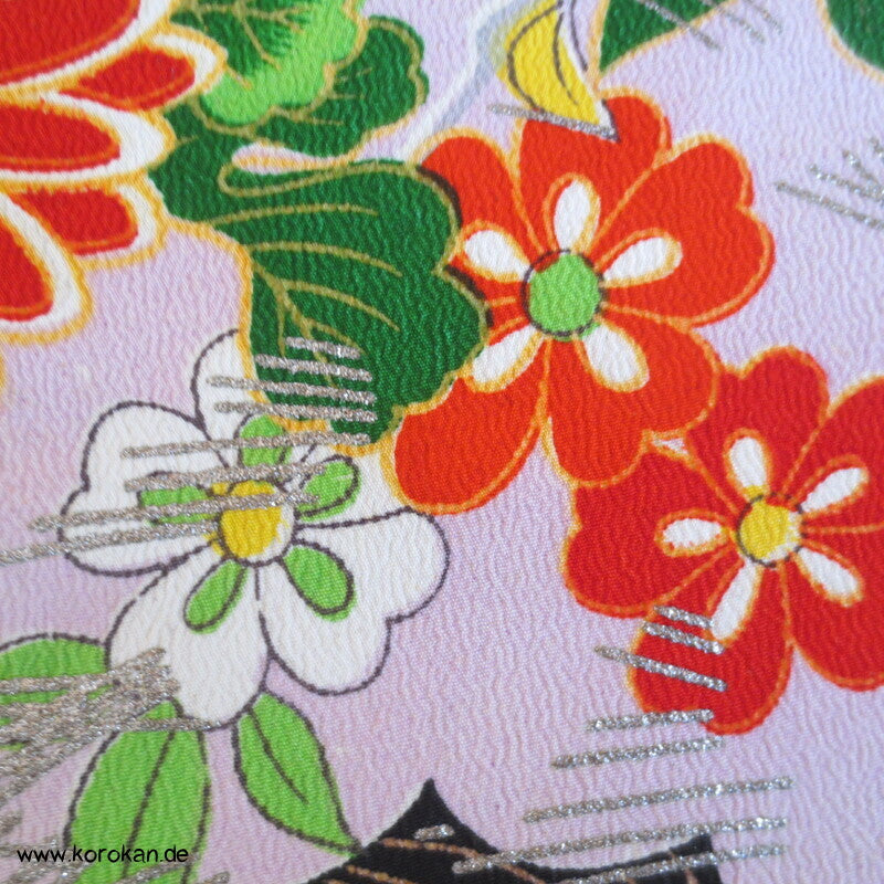bunte Blüten mit Silberdruck Rayon Kimono Chirimen Crepe