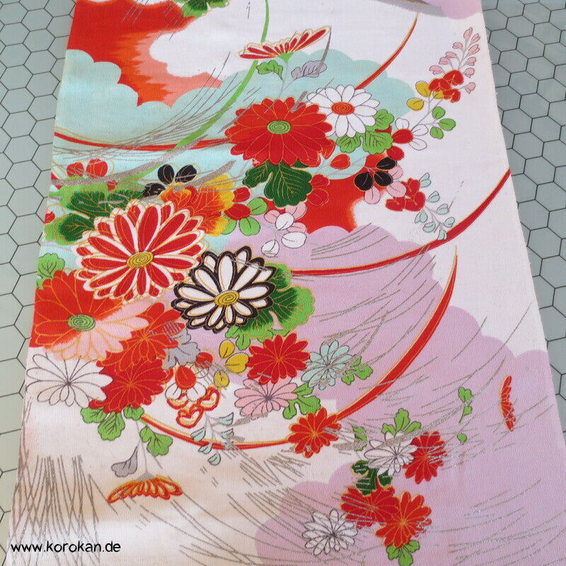 bunte Blüten mit Silberdruck Rayon Kimono Chirimen Crepe